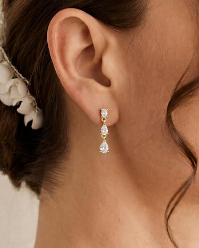 Dangle Earrings for Women - 14K Gold/White Gold/Rose Gold Plated Butterfly Heart Star Hoop Chain Long Tassel Cubic Zirconia CZ Dangle Earrings - color: gold teardrop