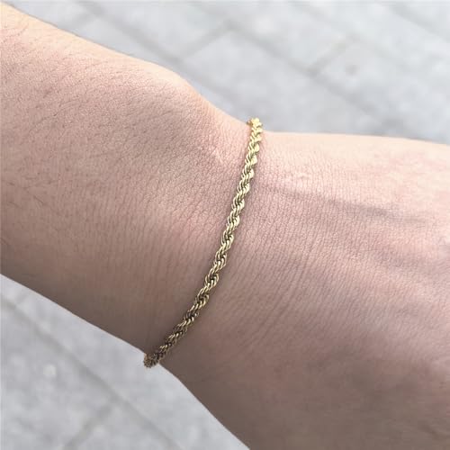 kelistom 18K Gold Silver Tone Rope Link Chain Bracelet for Women Men, 3mm 4mm Braided Rope Chain Bracelets, 7” 7.5” 8.3”, - size: 8.3", style: 3mm-gold