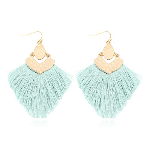 Bohemian Thread Tassel Drop Earrings - Geometric Petal Fan Fringe Feather Statement Chandelier Duster Dangles - color: Boho Tassel Chandelier - Mint