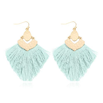 Bohemian Thread Tassel Drop Earrings - Geometric Petal Fan Fringe Feather Statement Chandelier Duster Dangles - color: Boho Tassel Chandelier - Mint