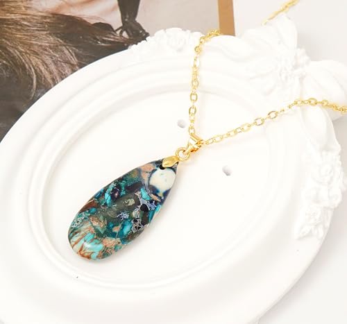 Stone Necklaces for Women Teardrop Gemstone Pendant Necklace Natural Stone Chain Necklaces - color: Blue D