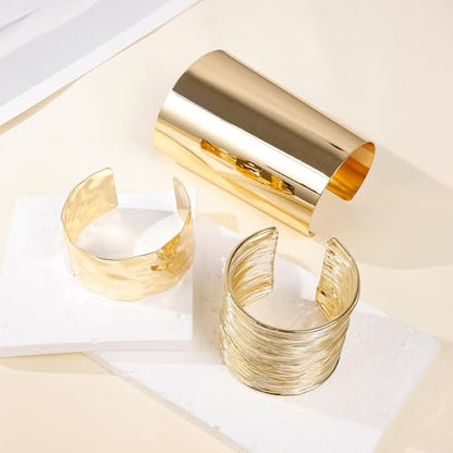 3PCS Chunky Cuff Bracelets for Women Irregular Minimalist Statement Bangle Bracelets Set Open Wide Wire Grooved Hammered Bangle Bracelet Gold Sliver Wrist Cuff Wrap Bracelet Adjustable - color: Gold Cuff Bracelets B