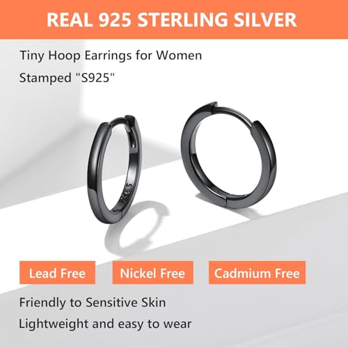 925 Sterling Silver Huggie Hoop Earrings, Small Silver Hoop Earrings for Women Hypoallergenic Huggie Lightweight Small Hoops Earring Cartilage Sleeper Earrings 6/8/10/12/14/16/18/20mm - color: Black, size: 12MM