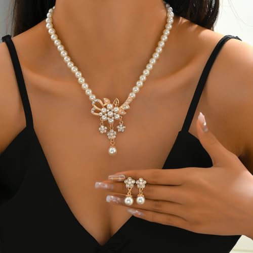 Pearl Necklace and Earring Set for Women,Pearl Jewelry Set Fake Pearls Necklace Imitation Beaded Collar de Perlas Para Mujer Necklaces for Prom Bridesmaid Costume Accessories - color: C-Gold Flower