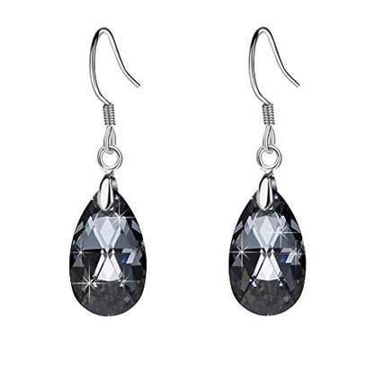Austrian Crystal Teardrop Drop Earrings for Women, French Hook | 925 Sterling Silver Hook, Crystal Dangle Earrings, Sparkly Teardrop Stone, Lightweight Feel, Day-To-Evening Wear - color: Grey-Black
