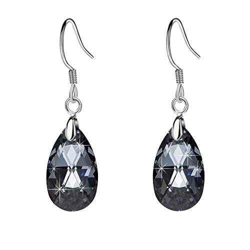 Austrian Crystal Teardrop Drop Earrings for Women, French Hook | 925 Sterling Silver Hook, Crystal Dangle Earrings, Sparkly Teardrop Stone, Lightweight Feel, Day-To-Evening Wear - color: Grey-Black