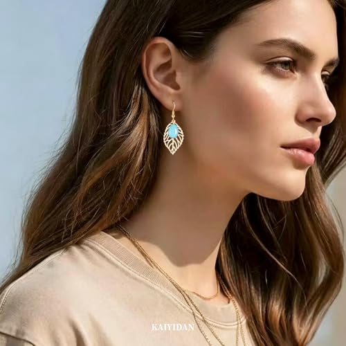 Boho Turquoise Dangle Earrings For Women Trendy,Western Blue Gemstone Drop Earings,Vintage Gothic Ethnic Statement Beach Vacation Long Birthstone Earrings with Leaf Teardrop Turquoise Crystal Tassels,Fashion Jewelry Birthday Gift. - style: A4 Rose Gold Tu