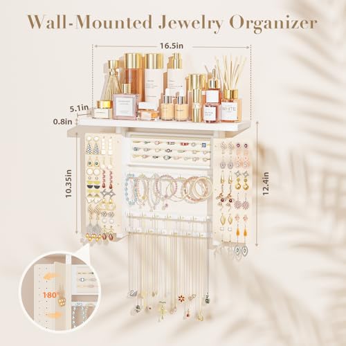 Emfogo Jewelry Organizer Hanging Wall Mounted Jewelry Holder, 5-in-1 Large Capacity Necklace Organizer Wall Hanging Jewelry Display for Ring, Necklaces, Bracelets, Earrings (White) - color: White