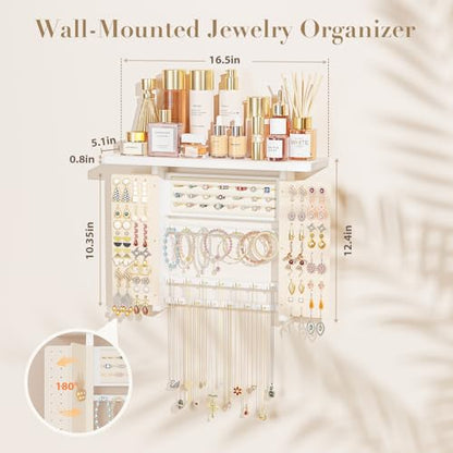 Emfogo Jewelry Organizer Hanging Wall Mounted Jewelry Holder, 5-in-1 Large Capacity Necklace Organizer Wall Hanging Jewelry Display for Ring, Necklaces, Bracelets, Earrings (White) - color: White