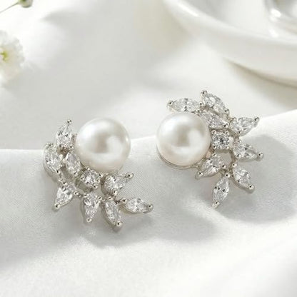 Mariell Pearl & Marquise CZ Crystal Wedding Earrings for Bride, Bridesmaids & Mother of the Bride - color: Silver Clip On