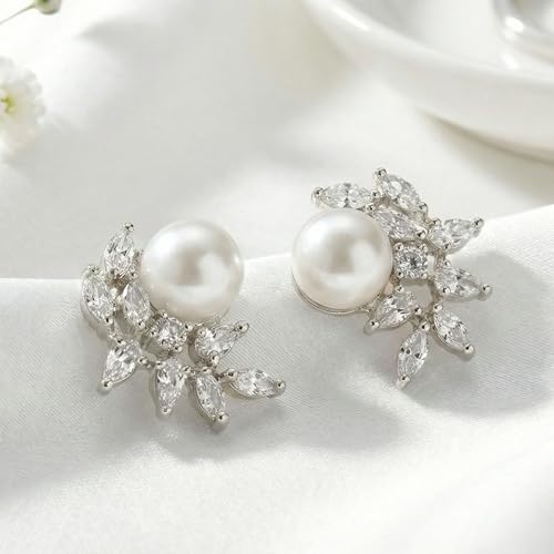 Mariell Pearl & Marquise CZ Crystal Wedding Earrings for Bride, Bridesmaids & Mother of the Bride - color: Silver