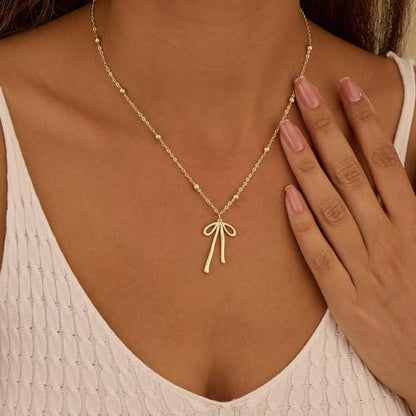 Thaivor Necklace for Women Dainty Bow Necklace 14K Gold Plated Cute Choker Small Pendant Charm Necklaces Teen Gift Trendy Stuff Personalized Jewelry Gifts - color: Gold-Bead-5