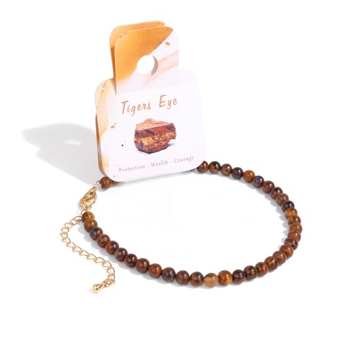 Natural Stone Beaded Anklets for Women, Handmade Boho Clear Quartz 4mm Crystal Beads Anklet, Gold Chain Adjustable Ankles Bracelet, Beach Summer Jewelry Gemstone Foot Bracelet Gift - color: Tiger's Eye