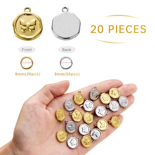 10pcs Gold Plated Stainless Steel Charms + 10pcs Steel Color Butterfly Charm Pendant Bulk with 40pcs Jump Rings - color: Butterfly Gold Silver