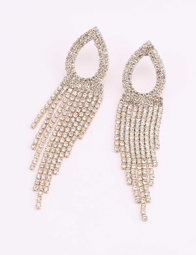 Rhinestone Teardrop Tassel Earrings Sparkly Crystal Bridal Party Jewelry for Women - color: 14K Gold Plated