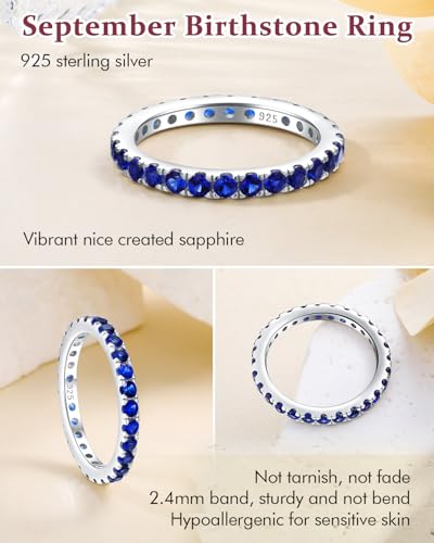 DAYBYDAY Sapphire/Emerald/Ruby Full Eternity Band Rings for Women, 2.4mm Thin Birthstone Stackable Rings, 925 Sterling Silver/14K Gold Plated Gemstone Wedding Band Anniversary Ring Size 6 to 10 - color: 09. Blue Sapphire, September