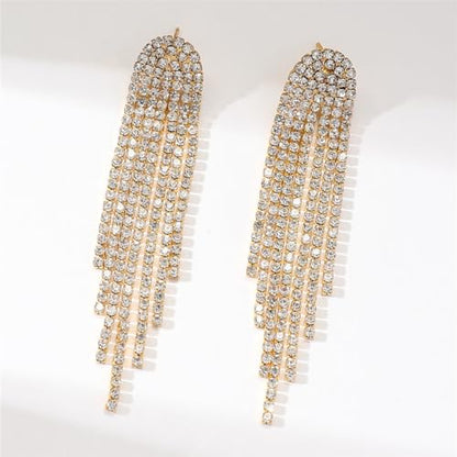 Rhinestone Tassel Earrings Sparkly Long Fringe Crystal Chandelier Dangle Drop Earrings Wedding Party Prom Earrings Premium Iridescent Earrings Wedding Party Jewelry Gifts for Women - color: Gold