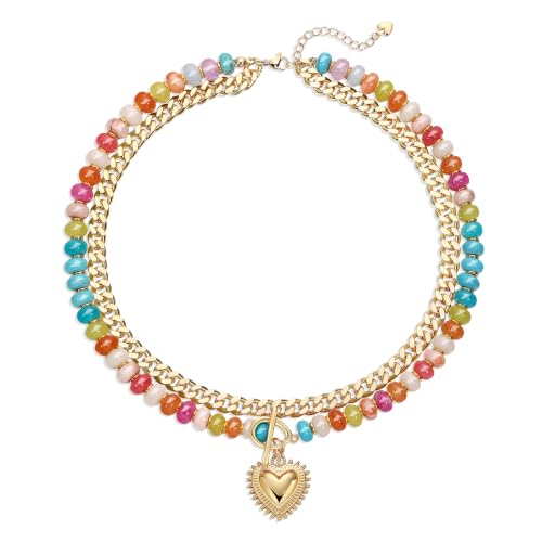GINAZL Natural Stone Beaded Layered Necklaces for Women, 14K Gold Plated Heart Pendant,Chunky Colorful Beaded Choker Necklace, Trendy Summer Beach Necklace for Women Hypoallergenic Summer Beach Jewelry Gifts for Women - color: Blue ＆ Red