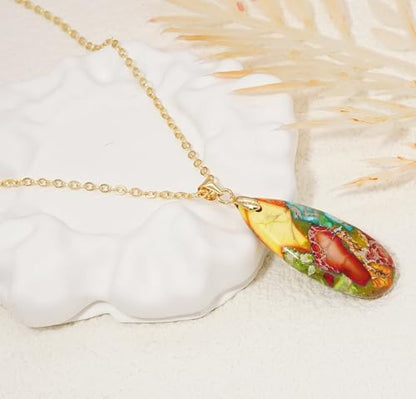 Stone Necklaces for Women Teardrop Gemstone Pendant Necklace Natural Stone Chain Necklaces - color: Colorful Gold