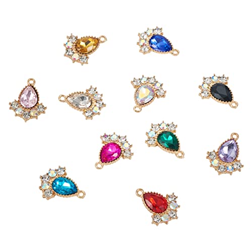 Cheriswelry 24Pcs Faceted Glass Teardrop Alloy Pendants Rhinestone Crystal Water Drop Dangle Charms 12 Colors 20x16x5mm for Necklace Bracelet Earring Jewelry Making - color: Mixed Color*17