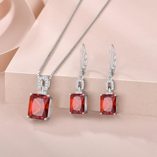 Emerald Cut Birthstone Necklace for Women 925 Sterling Silver | Baguette Birthstone Pendant Necklace, Jewelry for Mom Wife - color: Deep Red
