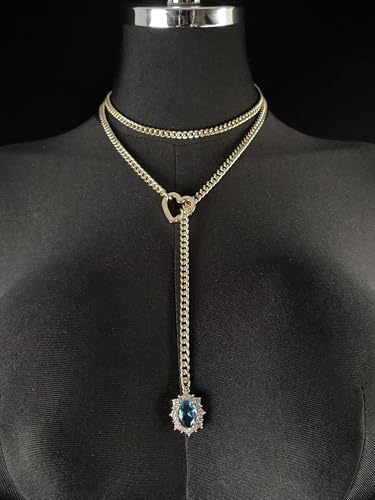 Women's Heart O-Ring Slip Chain Necklace, Double Layered Adjustable 39'' Cuban Chain with Detachable Heart Clasp and Colorful Rhinestone Pendant - color: 39'' Gold-Ocean Blue