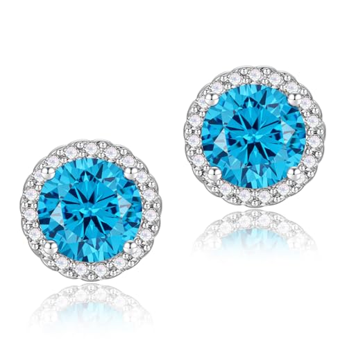 YOMELA Round Cubic Zirconia Stud Earrings for Women | Everyday Dainty, Diamond-Like Brilliance, CZ Halo Birthstone Studs, Hypoallergenic & Lightweight, Elegant & Versatile - color: Topaz Blue