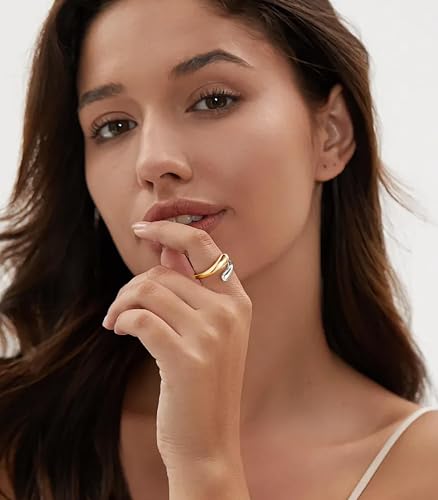 Non Tarnish Gold Chunky Rings for Women, 14K Gold Plated Statement Dome Rings Stacking Silver, Adjustable Mens Eternity Wedding Band Mixed Metal Jewelry Size 3-13 - color: Silver & Gold, size: 14, style: Open Twist Band