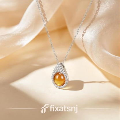 Women Trendy Faux Crystal Pendant Necklace 18K Gold/Silver Plated | CZ Halo Teardrop Drop Pendant Necklace Lightweight Fashion Jewelry Set Stackable For Wedding Daily Wear - color: Amber