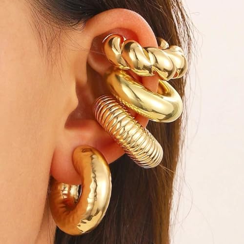 Chunky Gold Ear Cuffs Earrings for Women Non Piercing Gold Cuff Clip On Cartilage Hoop Earring Trendy Lightweight Thick Cuff Earrings for Women - color: gold4