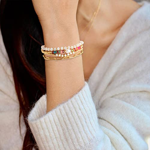 Dainty Gold Plated Pearl Crystal Beaded Bracelets Set for Women 14K Gold Plated Bead Pearl Beads Bracelet Stackable Paperclip Link Chain Bracelets Gold Plated Bracelets for Women Trendy Jewelry - color: Style1