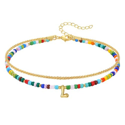 KissYan Initial Ankle Bracelets for Women | Layered Colorful Beaded Anklet with 14K Gold Chain, Waterproof Dainty Jewelry Gift for Summer Beach - style: L