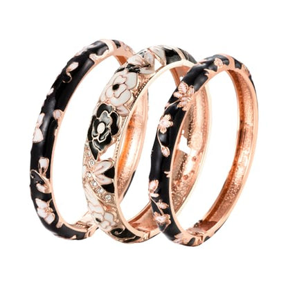 UJOY Womens Multi-Colors Cloisonne Bracelet Plated Flower Hollowed Enameled Hinged Cuff Bangles Jewelry Gift 88A10 - color: 3 Pcs Pack Black Bangles