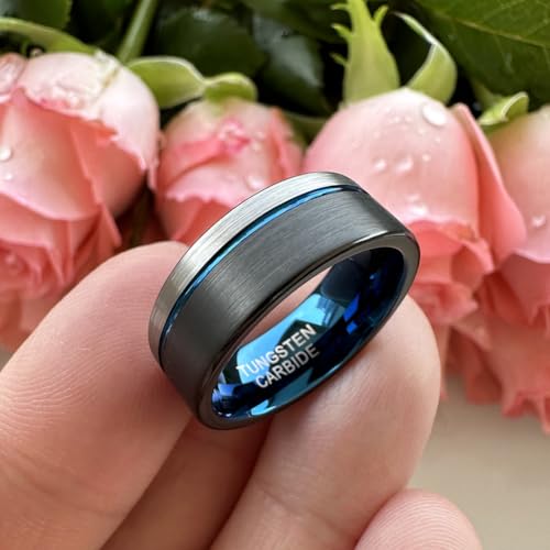 TUTISS 8mm Black/Blue/Gold/Rose Gold Tungsten Rings for Men Women Fashion Engagement Wedding Bands Brushed Finish Offset Line Comfort Fit - color: 8mm Black Blue Tungsten