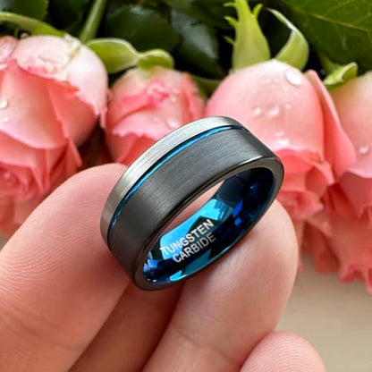 TUTISS 8mm Black/Blue/Gold/Rose Gold Tungsten Rings for Men Women Fashion Engagement Wedding Bands Brushed Finish Offset Line Comfort Fit - color: 8mm Black Blue Tungsten