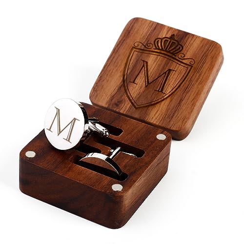Mens Initial Silver Cufflinks A-Z Alphabet Letter Steel Cuff Links with Engraved Walnut Wood Box Groom Groomsman Wedding Set… - style: M