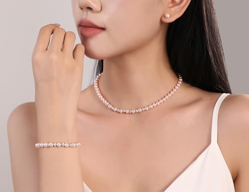 6mm Pearl Jewelry Set for Women & Girls, Necklace Bracelet Earrings | Sparkling Rhinestone Detail, Faux Pearl Set, Prom Gift - style: 14.5 inches pink