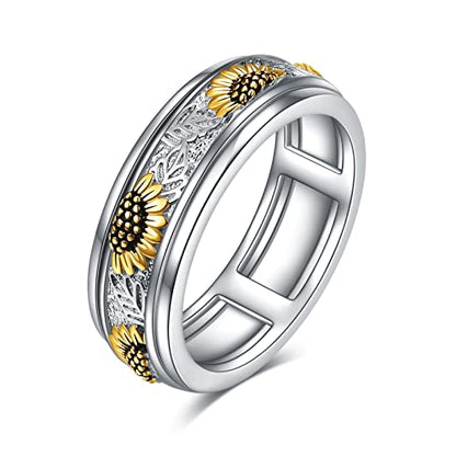 POPLYKE Sterling Silver Anxiety Spinner Rings Spinning Fidget Rings for Women Relieve Stress Jewelry Gifts - color: Sunflower