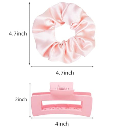 8pcs Hair Clips and Scrunchies Set for Women – 4 Non-Slip Matte Claw Clips, 4 Big Satin Scrunchies, Hair Accessories for Thick Thin Hair, Birthday/Party/Daily Use, Pink - color: Light Pink