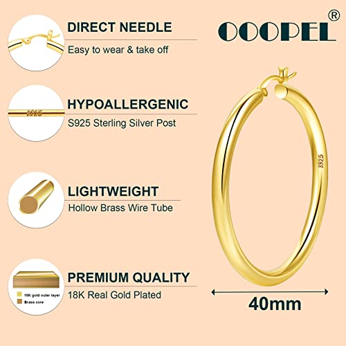 4mm Thick Gold Chunky Earrings Steling Silver Post Hoops Earrings For Women Hollow Tube Hoops Earrings Thick Gold Hoop Earrings Hypoallergenic Lightweight Gold Hoop Large Earrings 20/30/40/50/60MM - color: Gold,40mm