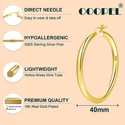 4mm Thick Gold Chunky Earrings Steling Silver Post Hoops Earrings For Women Hollow Tube Hoops Earrings Thick Gold Hoop Earrings Hypoallergenic Lightweight Gold Hoop Large Earrings 20/30/40/50/60MM - color: Gold,40mm
