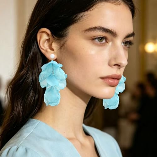 Handmade Bohemian Lightweight Fabric Flower Dangle Drop Earrings Chic Pearl Large Tassel Petal Stud Earrings For Women - color: Mint Blue