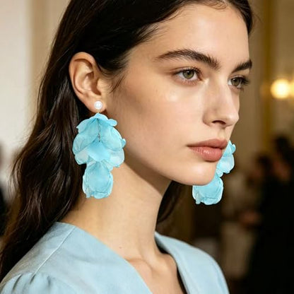 Handmade Bohemian Lightweight Fabric Flower Dangle Drop Earrings Chic Pearl Large Tassel Petal Stud Earrings For Women - color: Mint Blue