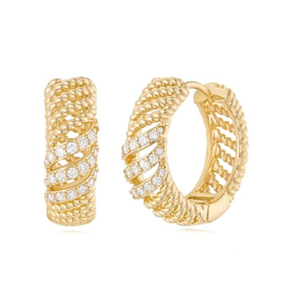 Women Gold Earrings Huggie Hoop Cubic Zirconia 14K Gold Plated Small Simple Hypoallergenic Everyday Jewelry - style: Twist
