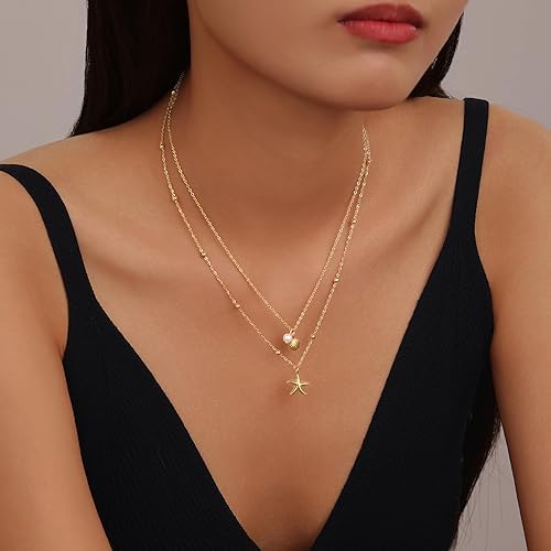 Evabelle Gold Layered Necklace for Women Trendy Jewelry 14K Real Gold Plated Chunky Chain Stackable Necklaces Dainty Choker Necklaces Rectangle Square Pendant - color: Gold Necklace 07