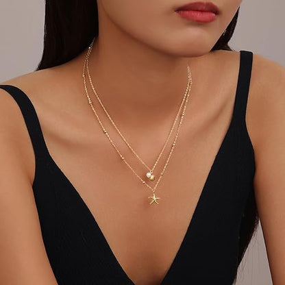 Evabelle Gold Layered Necklace for Women Trendy Jewelry 14K Real Gold Plated Chunky Chain Stackable Necklaces Dainty Choker Necklaces Rectangle Square Pendant - color: Gold Necklace 07