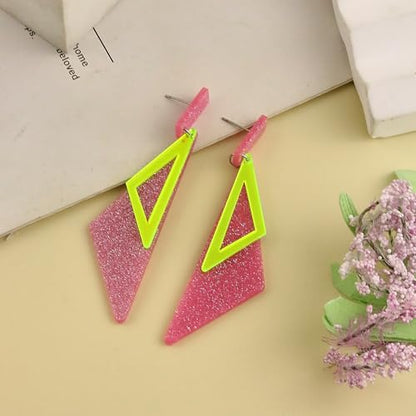 Retro 80s Neon Earrings for Women Acrylic Triangle Neon Dangle Earrings Colorful Geometric Drop Earrings Glow Party Halloween Neon Earrings - color: Pink