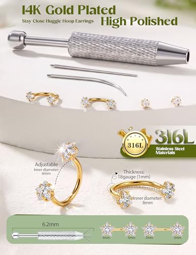 ORAZIO Half Huggie Earrings Jacket Pack for Women Backless Hoop Earring 18G | Hypoallergenic Surgical Steel Arc Hoop Backless No Back Stacks Set Small CZ Screwback Studs Jewelry Gift for Women Men Trendy - color: Gold Plated-Style1 Star