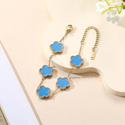 TICVSS Four Leaf Clover Bracelet for Women 18K Gold Plated Stainless Steel Lucky 4 Leaf Gold Link Bracelet Jewelry Gift for Women - color: Blue