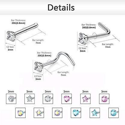 ZS 20G Nose Stud Rings Set, Stainless Steel CZ Nose Piercing Jewelry | Hypoallergenic Nose Bone Rings, L Shaped & Screw Nose Studs, 3mm CZ Stone Nostril Jewelry for Women Men - color: 12pcs Nose Bone Style